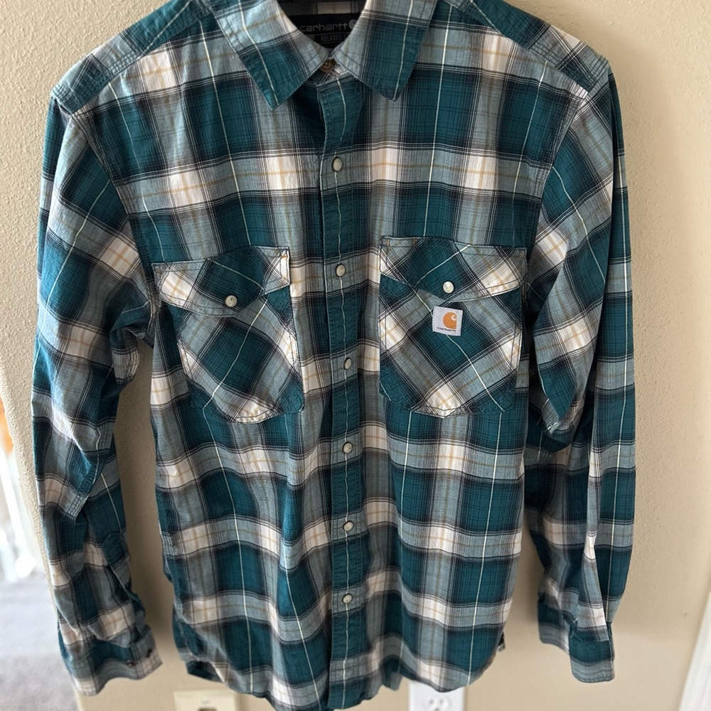 Carhartt Men's Teal and White Plaid Button Down Shirt